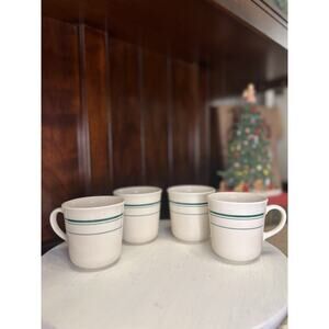 Corning USA Diner Coffee Tea Mugs White with Green Stripe Bands Set of 4 Retro